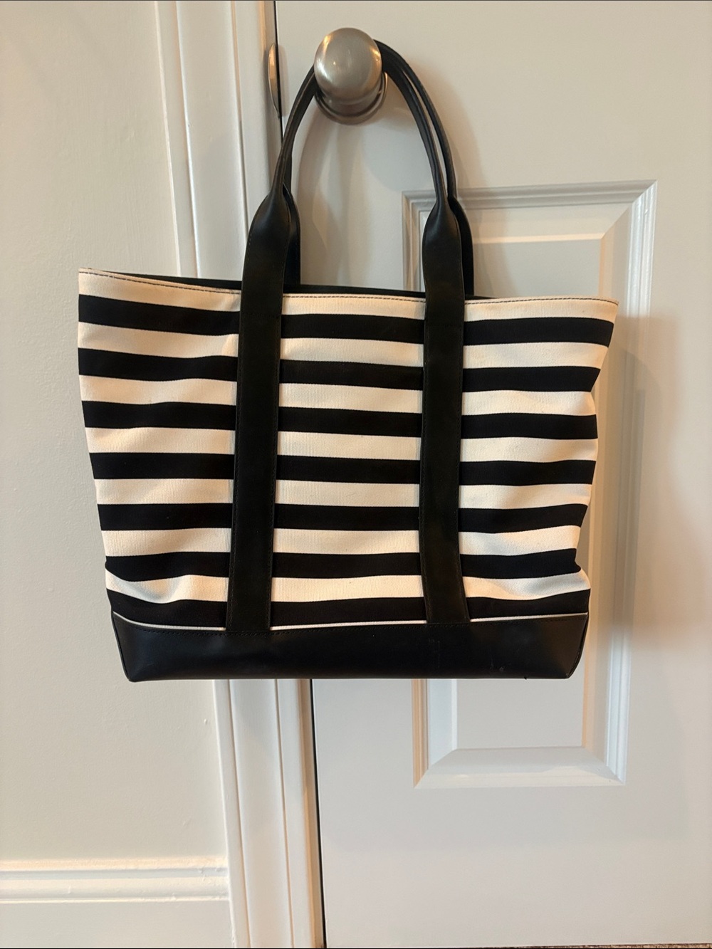 Michael Kors Black and White Striped Canvas Tote with Gold MK Emblem - Picture 2 of 3